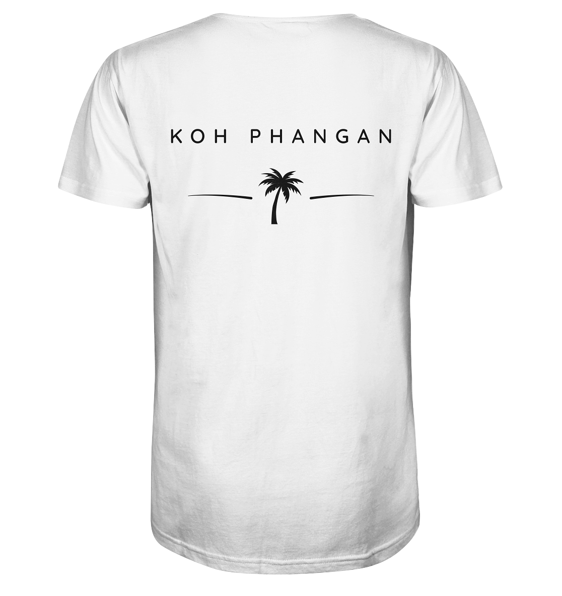 Original-Mockup des Herren Bio V-Neck Shirt in Weiß mit Koh-Phangan-Minimal-Backprint