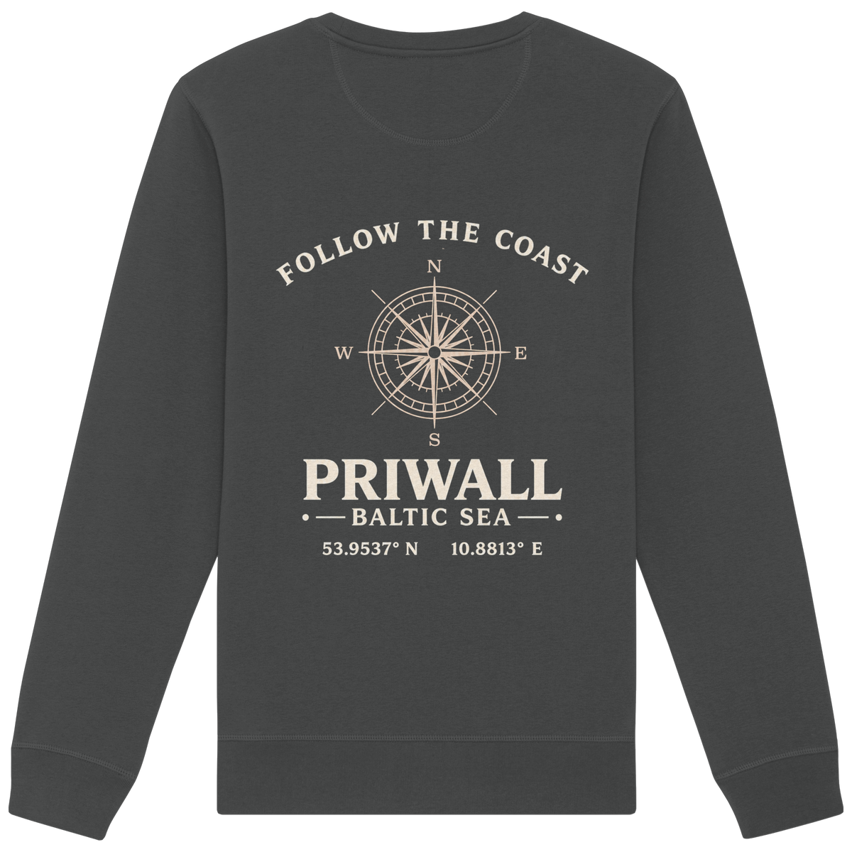Rückansicht des Bio Unisex Sweatshirt in Anthracite mit dunklem Priwall Follow the Coast Backprint