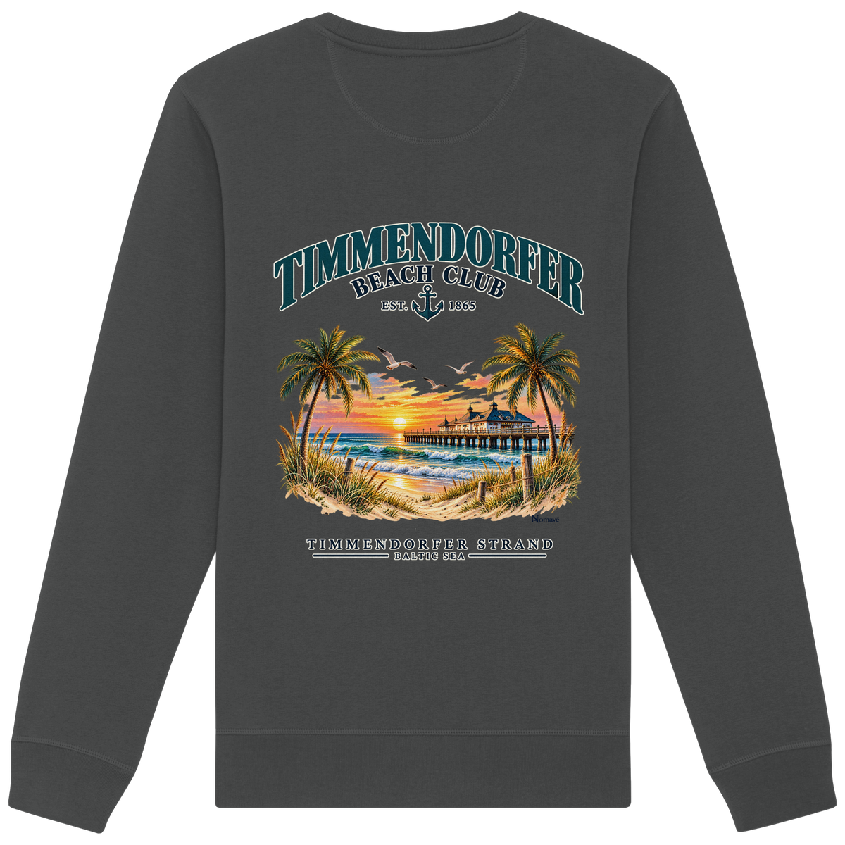 Original-Produktmockup: Unisex-Bio-Sweatshirt in Anthracite, Rückansicht mit Timmendorfer-Beach-Club-Motiv und dem Schriftzug Timmendorfer Strand – Baltic Sea.