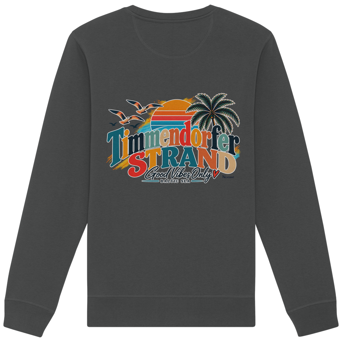 Timmendorfer Strand – Good Vibes Only – Unisex Sweatshirt mit Rückenprint – Anthracite; originales Katalogmockup der Rückansicht mit Rückenprint.