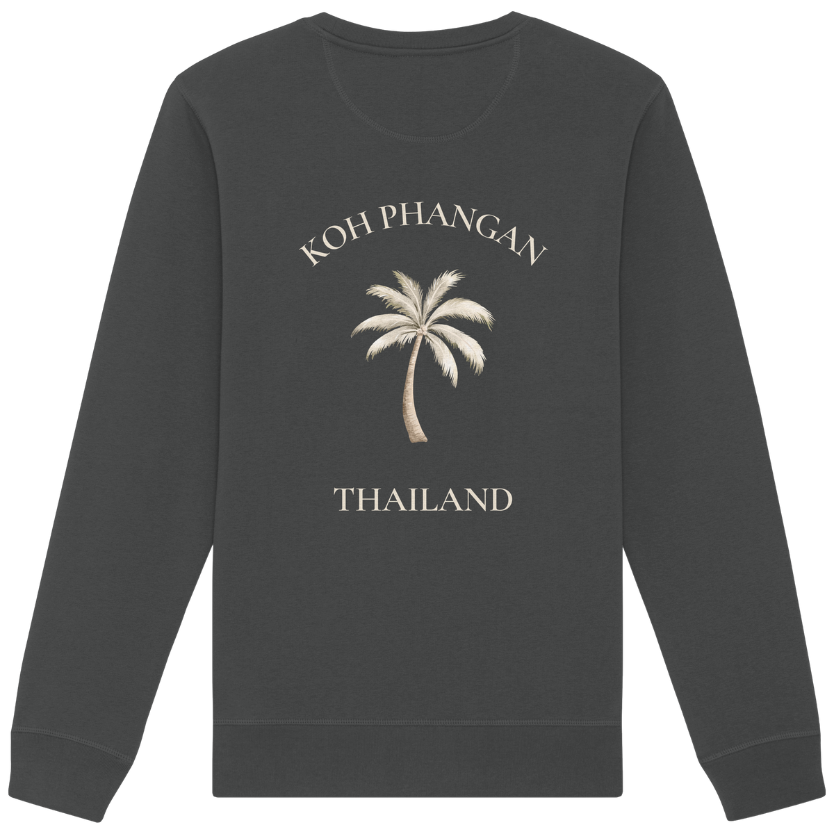 Bio Unisex Sweatshirt in anthracite mit Koh Phangan Mini Palm Motiv als Backprint – Original-Mockup