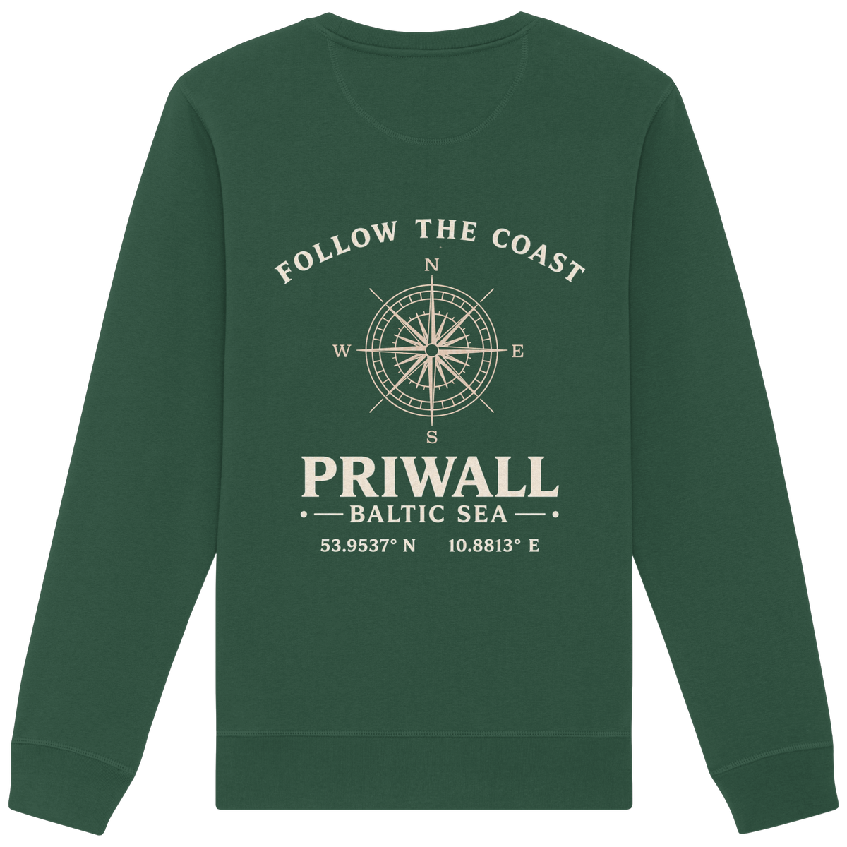 Rückansicht des Bio Unisex Sweatshirt in Bottle Green mit dunklem Priwall Follow the Coast Backprint
