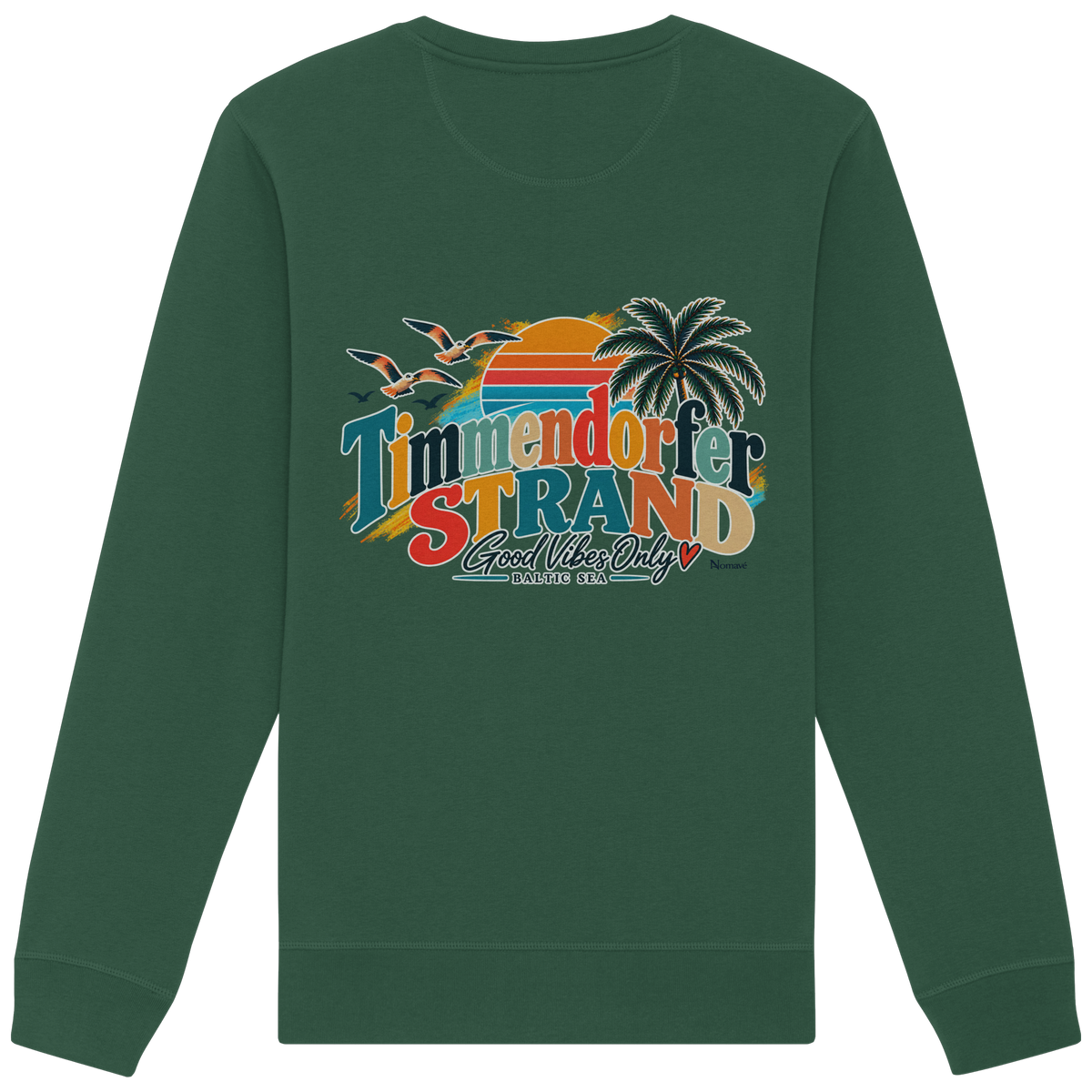 Timmendorfer Strand – Good Vibes Only – Unisex Sweatshirt mit Rückenprint – Bottle Green; originales Katalogmockup der Rückansicht mit Rückenprint.