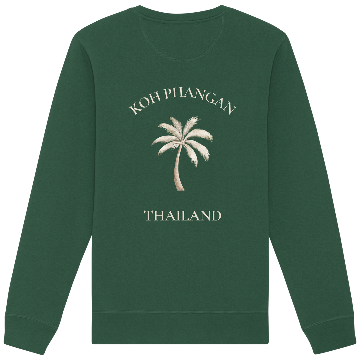 Bio Unisex Sweatshirt in bottle green mit Koh Phangan Mini Palm Motiv als Backprint – Original-Mockup