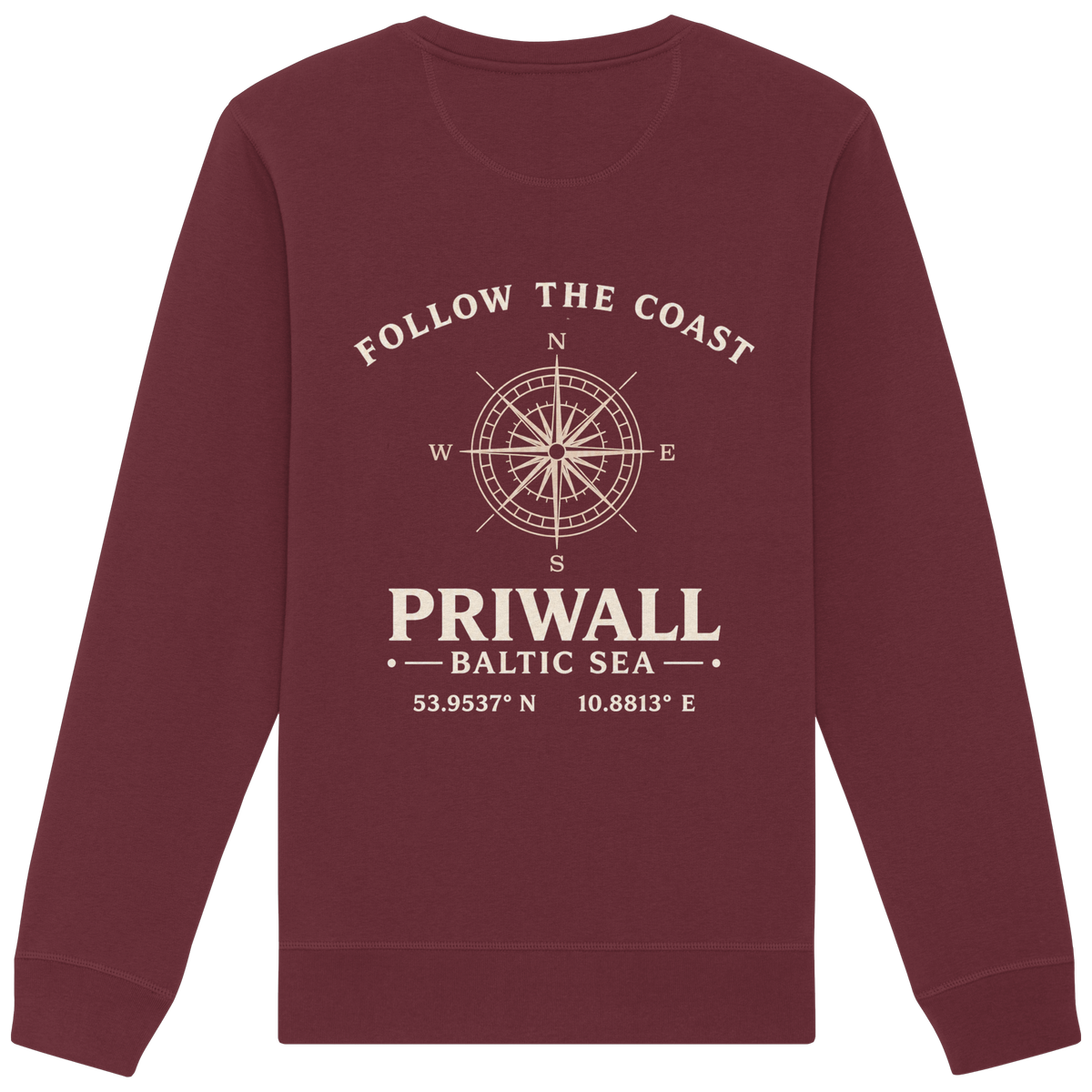 Rückansicht des Bio Unisex Sweatshirt in Burgundy mit dunklem Priwall Follow the Coast Backprint