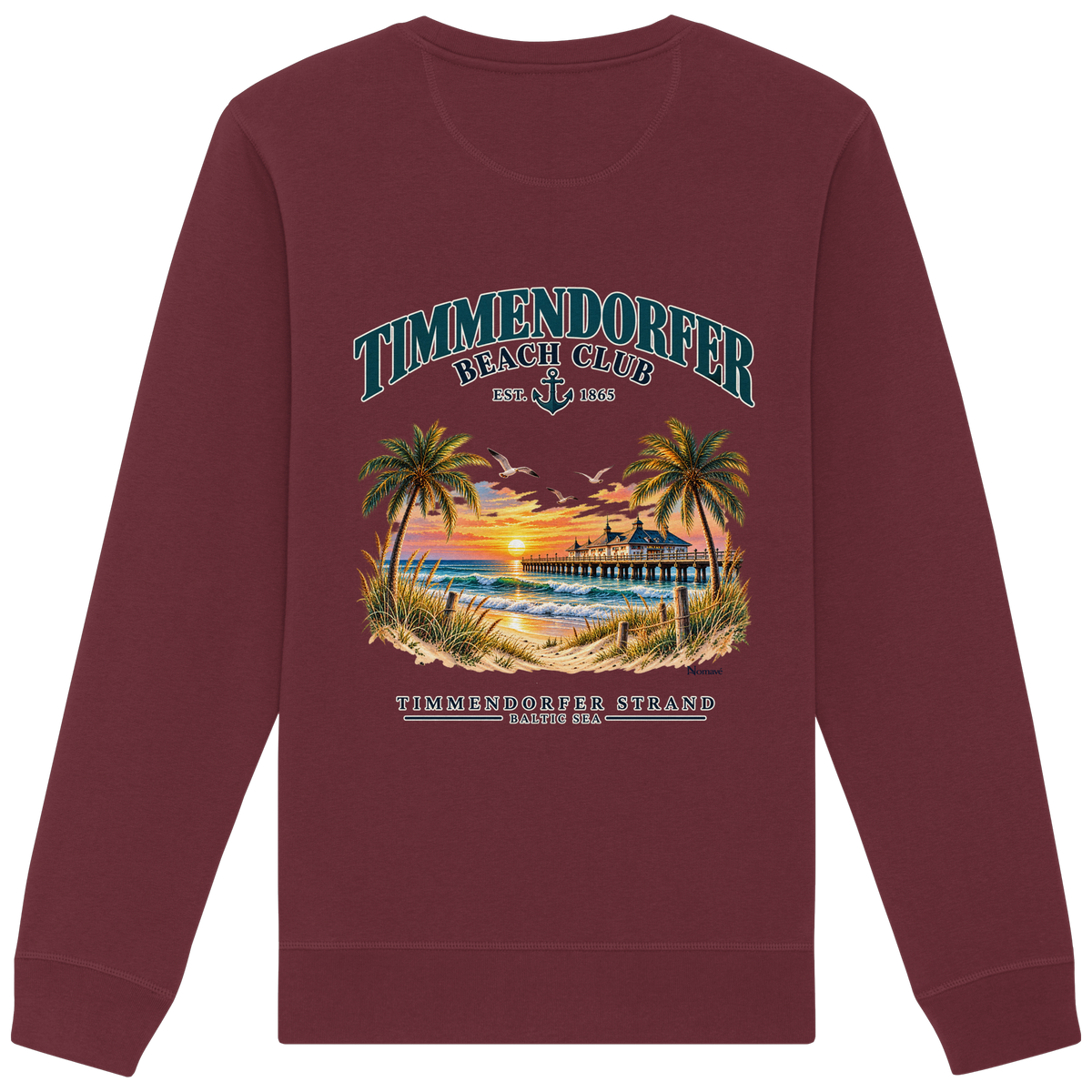Original-Produktmockup: Unisex-Bio-Sweatshirt in Burgundy, Rückansicht mit Timmendorfer-Beach-Club-Motiv und dem Schriftzug Timmendorfer Strand – Baltic Sea.