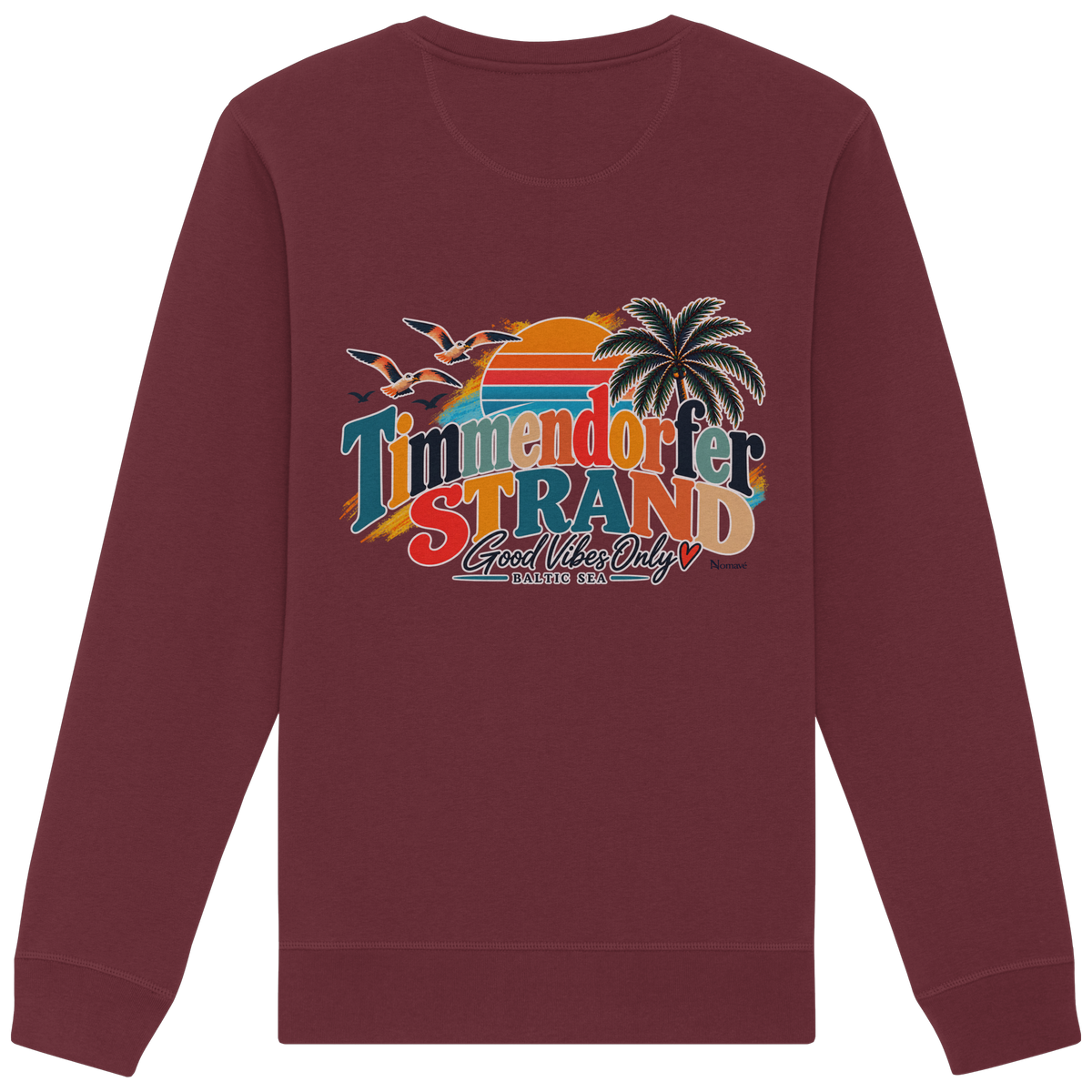 Timmendorfer Strand – Good Vibes Only – Unisex Sweatshirt mit Rückenprint – Burgundy; originales Katalogmockup der Rückansicht mit Rückenprint.