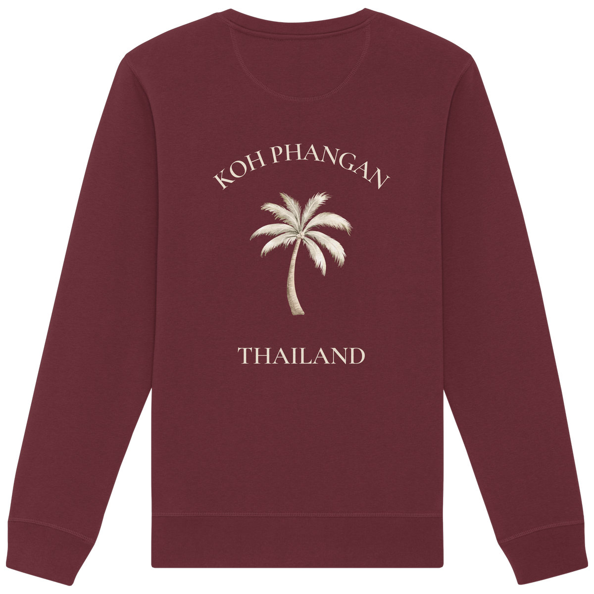 Bio Unisex Sweatshirt in burgundy mit Koh Phangan Mini Palm Motiv als Backprint – Original-Mockup