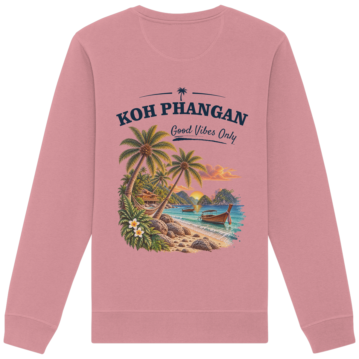 Bio Unisex Sweatshirt – Backprint in der gezeigten Farbe als Original-Mockup mit Koh Phangan Good Vibes Only Backprint