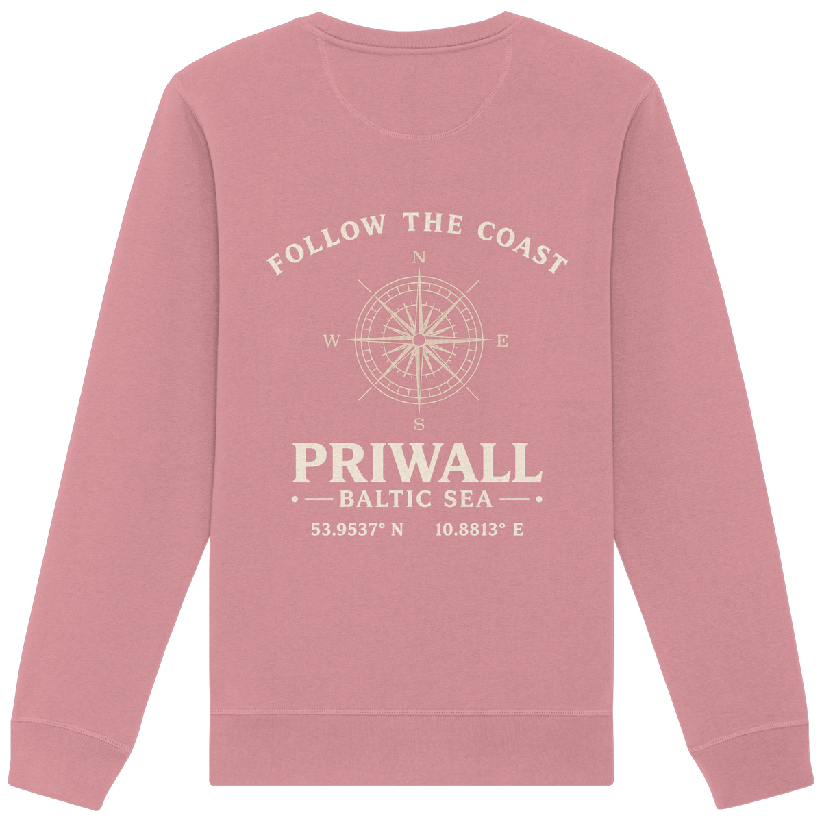 Rückansicht des Bio Unisex Sweatshirt in Canyon Pink mit dunklem Priwall Follow the Coast Backprint