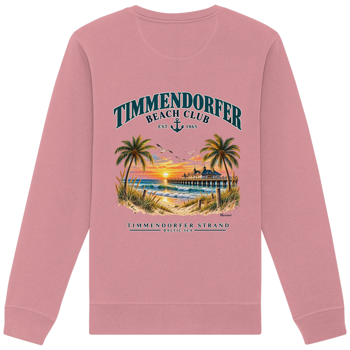 Original-Produktmockup: Unisex-Bio-Sweatshirt in Canyon Pink, Rückansicht mit Timmendorfer-Beach-Club-Motiv und dem Schriftzug Timmendorfer Strand – Baltic Sea.