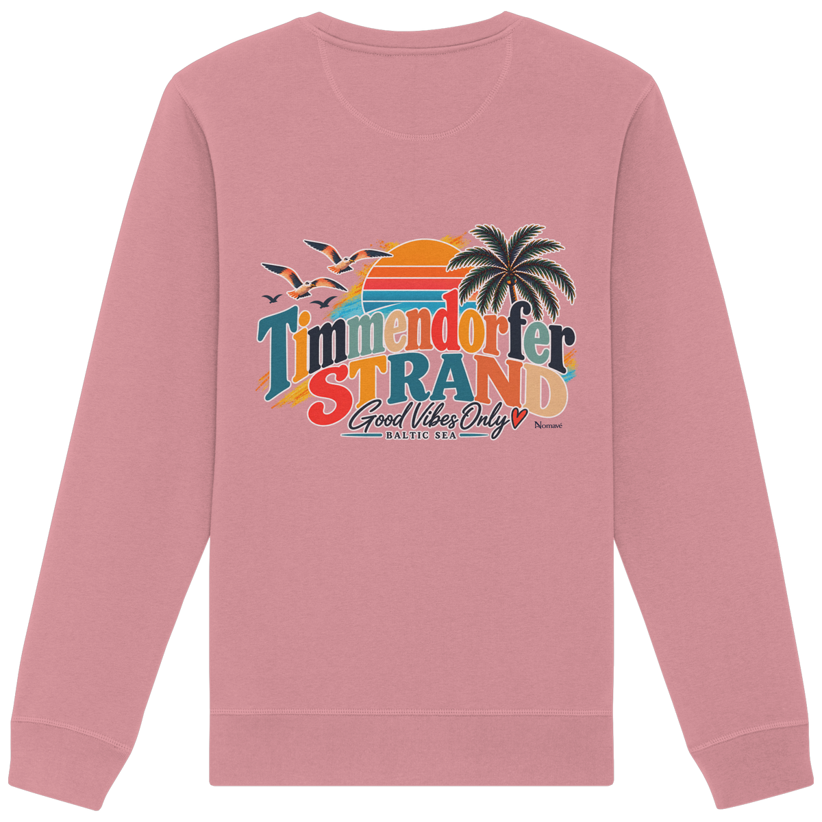 Timmendorfer Strand – Good Vibes Only – Unisex Sweatshirt mit Rückenprint – Canyon Pink; originales Katalogmockup der Rückansicht mit Rückenprint.