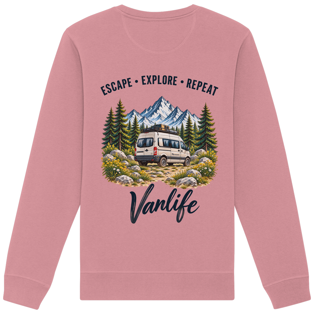 Bio Unisex Sweatshirt in Canyon Pink als Produkt-Mockup mit Escape Explore Repeat Motiv als Backprint