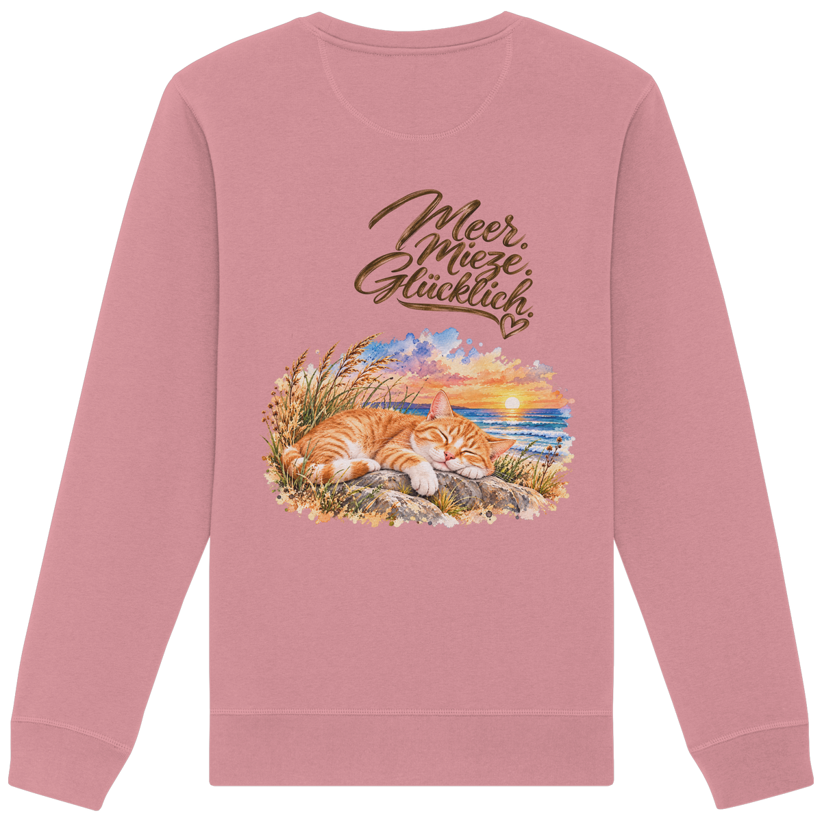 Unisex Bio-Sweatshirt in Canyon Pink mit „Meer. Mieze. Glücklich.“ als Backprint – Rückansicht im Original-Mockup.