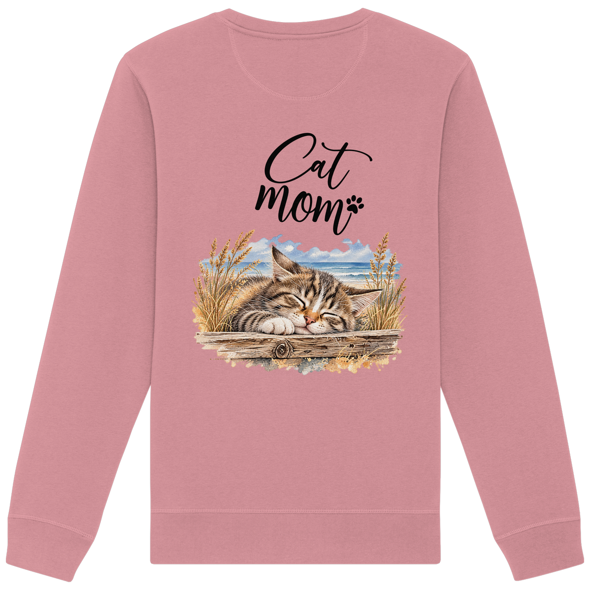 Cat Mom Unisex Bio-Sweatshirt in Canyon Pink – Original-Rückansicht mit schlafender Katze, Meer und Cat-Mom-Schriftzug als Rückenprint.