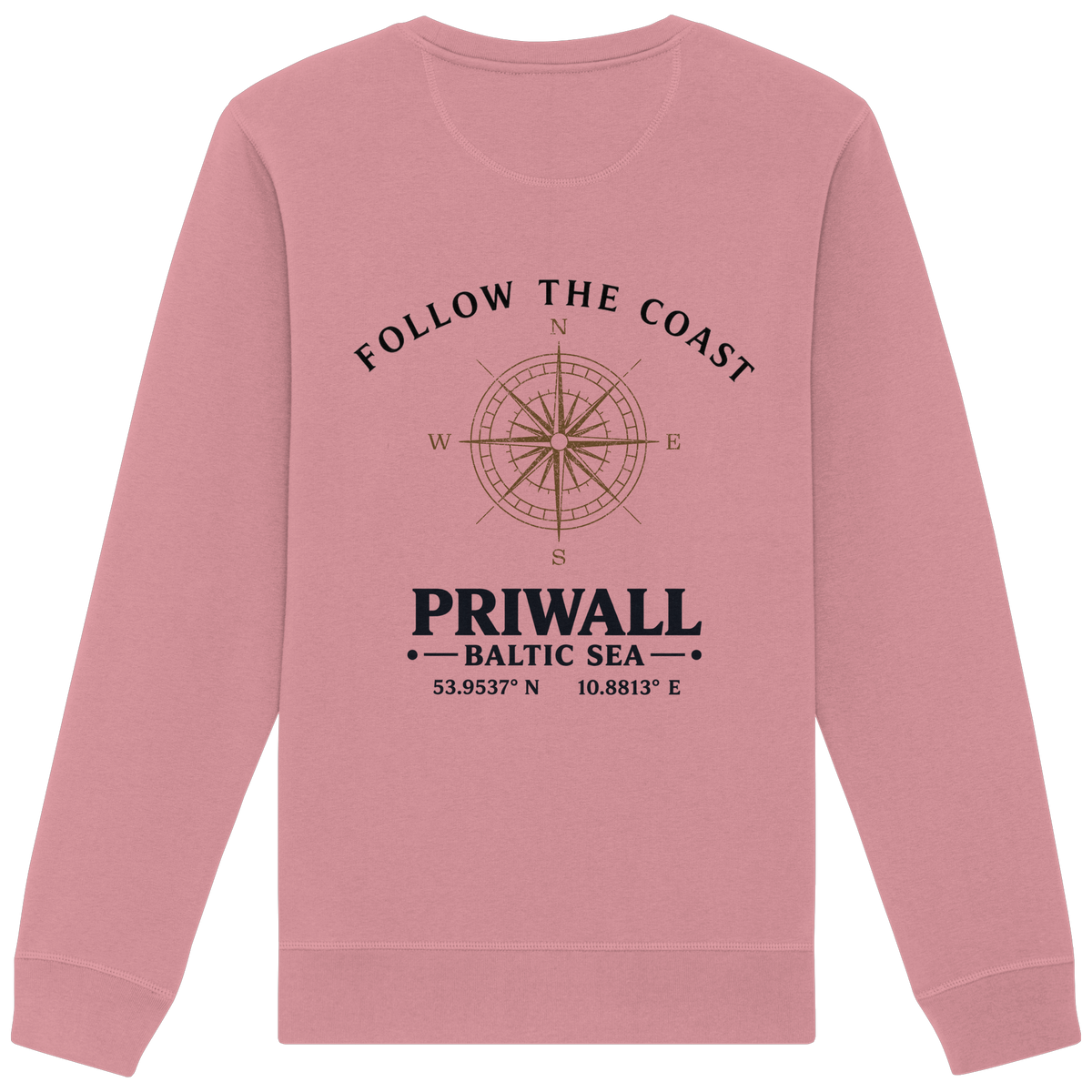 Rückansicht des Bio Unisex Sweatshirt in Canyon Pink mit hellem Priwall Follow the Coast Backprint