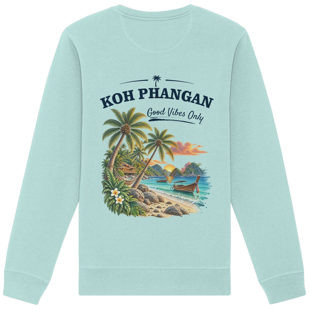 Bio Unisex Sweatshirt – Backprint in der gezeigten Farbe als Original-Mockup mit Koh Phangan Good Vibes Only Backprint