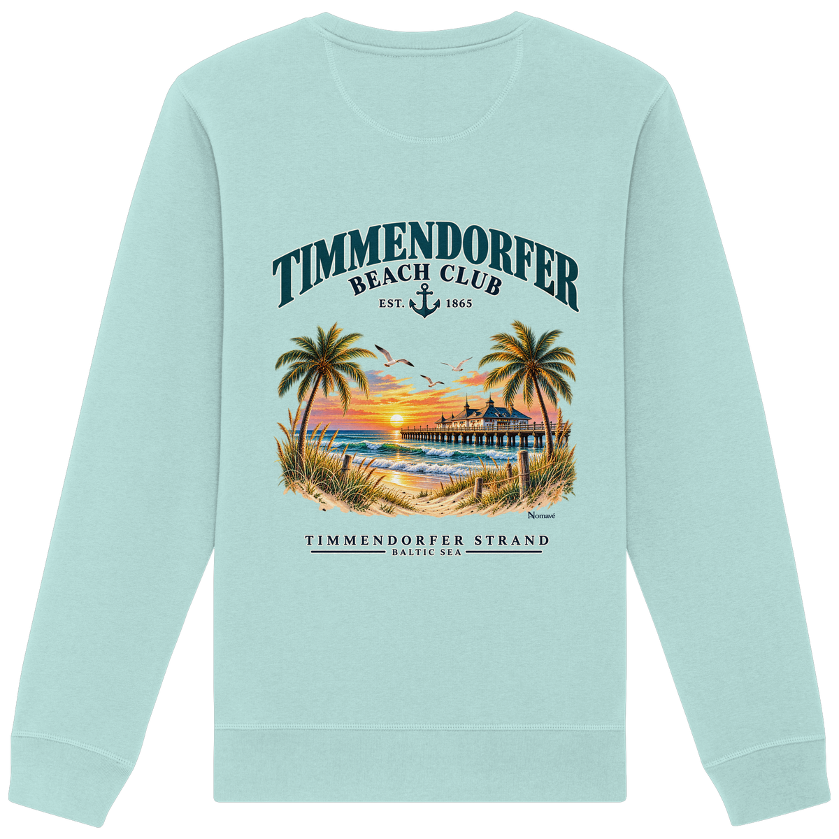 Original-Produktmockup: Unisex-Bio-Sweatshirt in Caribbean Blue, Rückansicht mit Timmendorfer-Beach-Club-Motiv und dem Schriftzug Timmendorfer Strand – Baltic Sea.