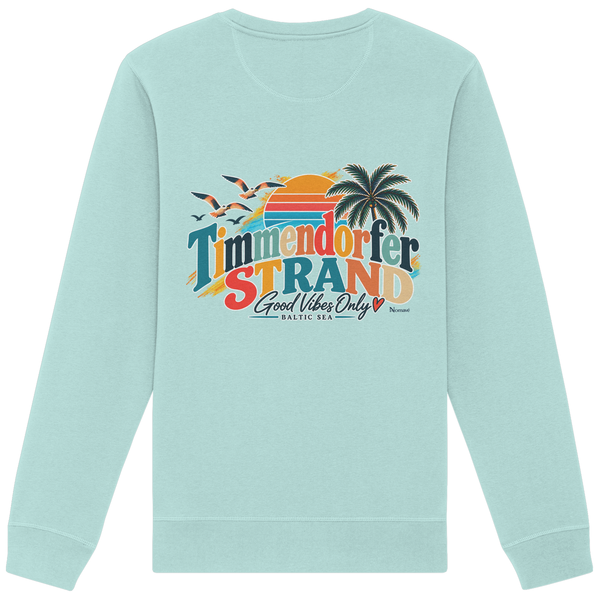 Timmendorfer Strand – Good Vibes Only – Unisex Sweatshirt mit Rückenprint – Caribbean Blue; originales Katalogmockup der Rückansicht mit Rückenprint.