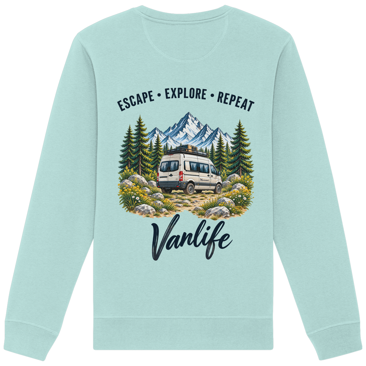 Bio Unisex Sweatshirt in Caribbean Blue als Produkt-Mockup mit Escape Explore Repeat Motiv als Backprint