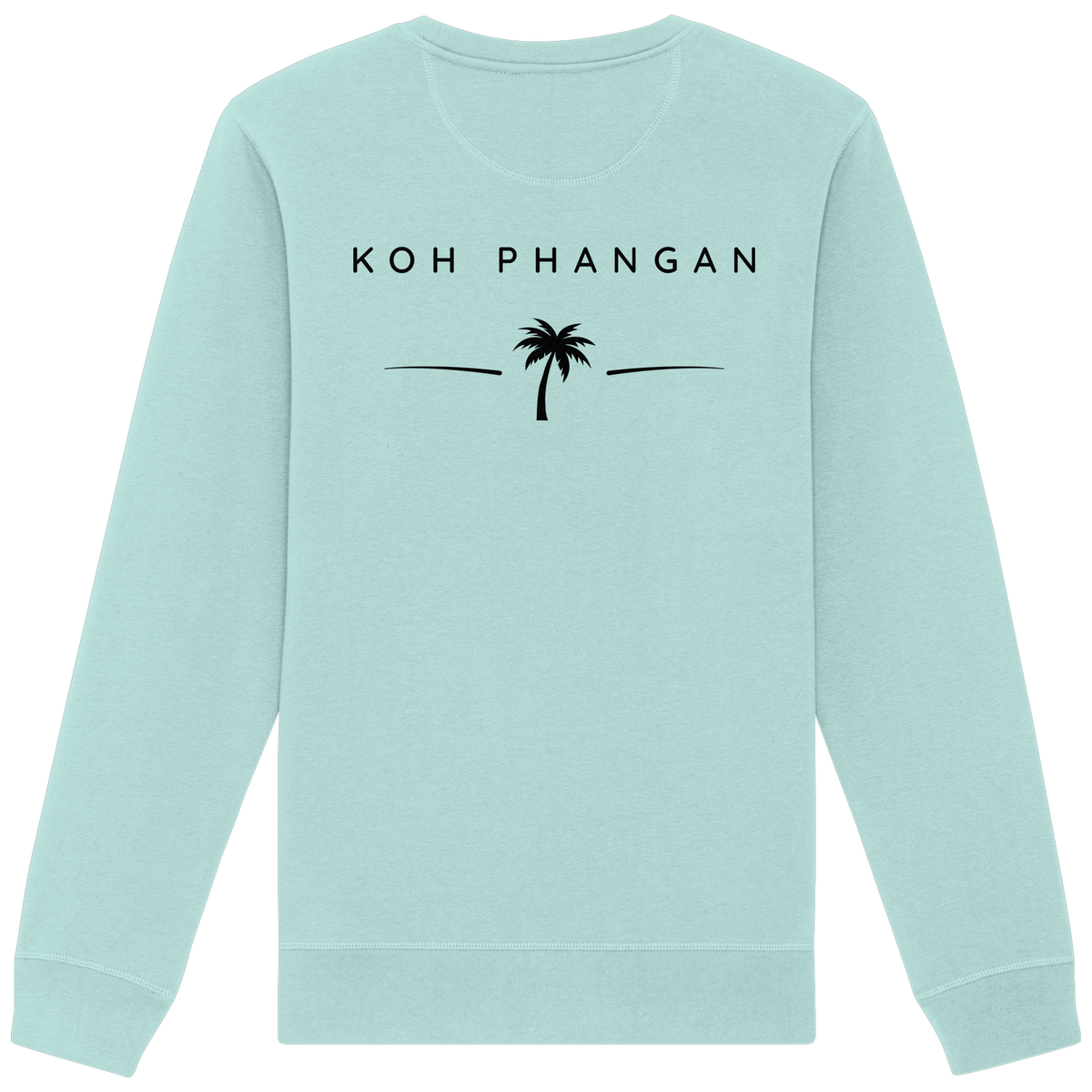 Original-Mockup des Bio Unisex Sweatshirt in Caribbean Blue mit Koh-Phangan-Minimal-Backprint