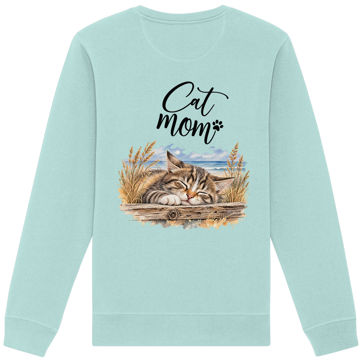 Cat Mom Unisex Bio-Sweatshirt in Caribbean Blue – Original-Rückansicht mit schlafender Katze, Meer und Cat-Mom-Schriftzug als Rückenprint.