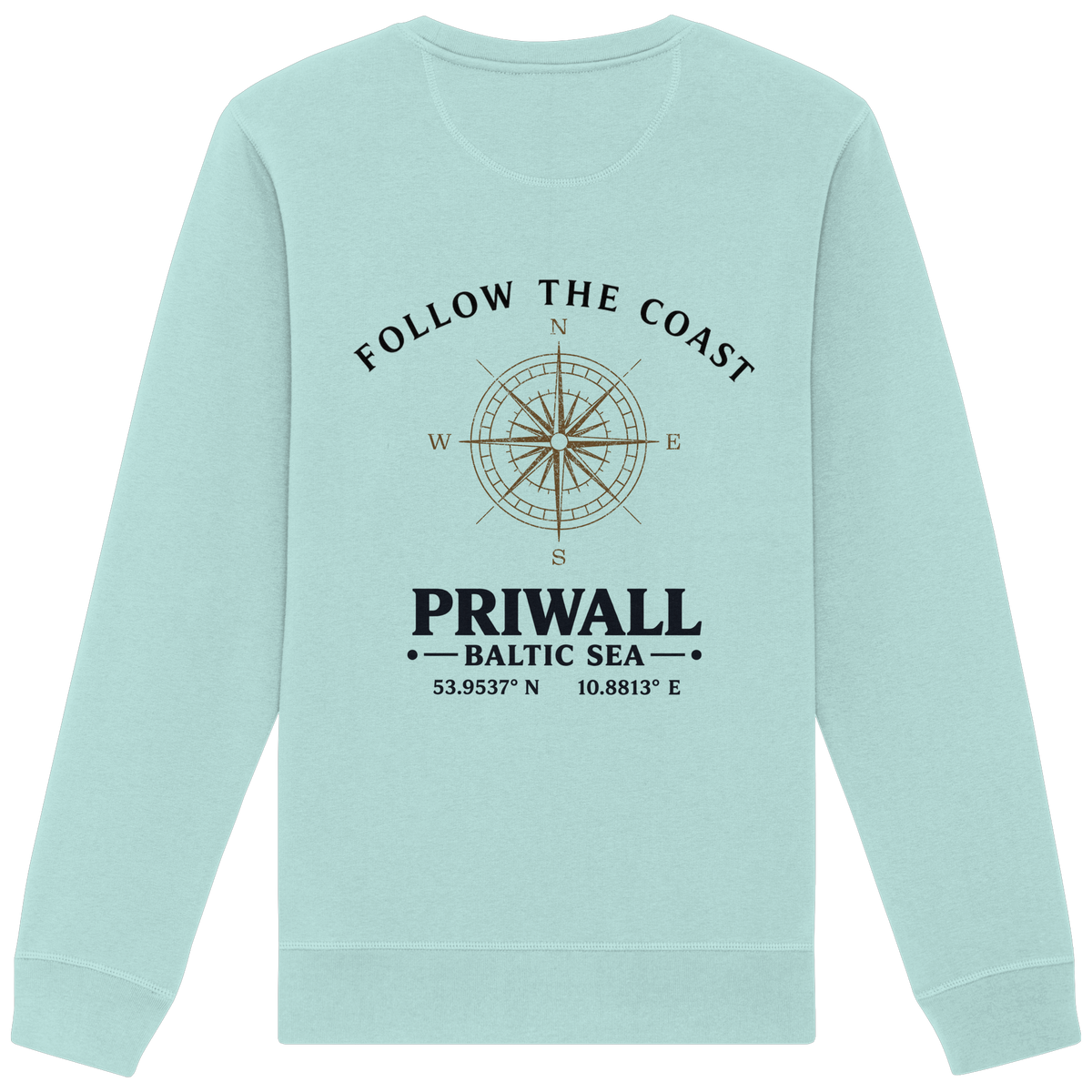 Rückansicht des Bio Unisex Sweatshirt in Caribbean Blue mit hellem Priwall Follow the Coast Backprint