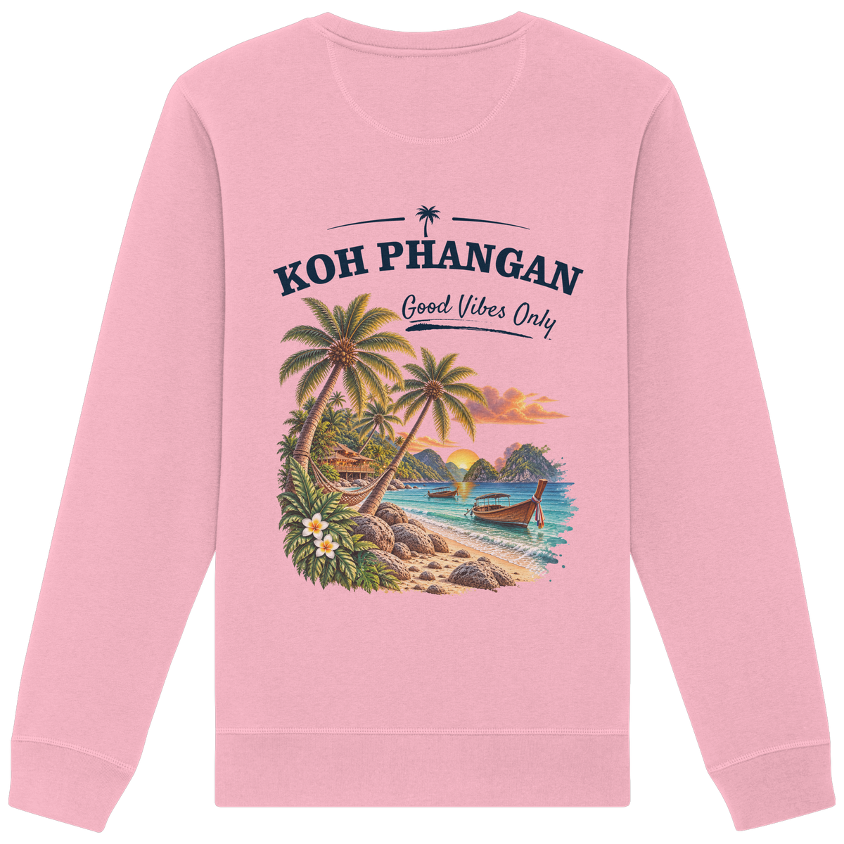 Bio Unisex Sweatshirt – Backprint in cotton pink als Original-Mockup mit Koh Phangan Good Vibes Only Backprint