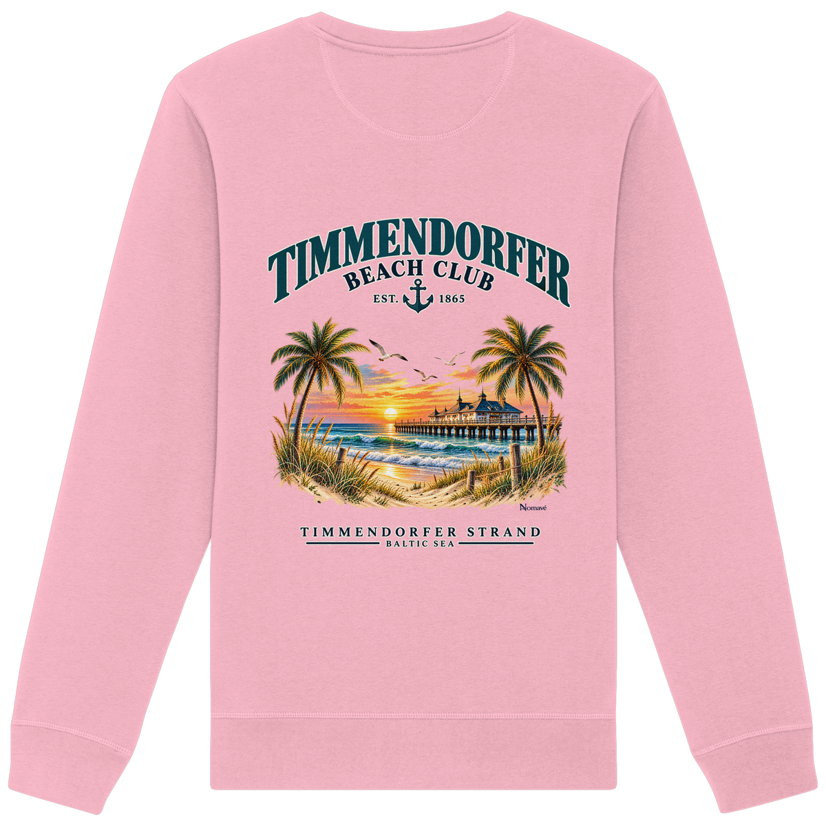 Original-Produktmockup: Unisex-Bio-Sweatshirt in Cotton Pink, Rückansicht mit Timmendorfer-Beach-Club-Motiv und dem Schriftzug Timmendorfer Strand – Baltic Sea.