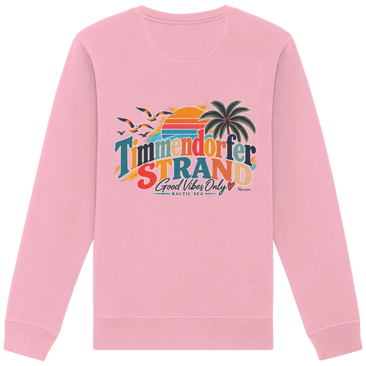Timmendorfer Strand – Good Vibes Only – Unisex Sweatshirt mit Rückenprint – Cotton Pink; originales Katalogmockup der Rückansicht mit Rückenprint.