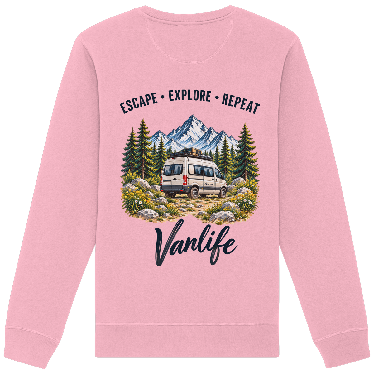 Bio Unisex Sweatshirt in Cotton Pink als Produkt-Mockup mit Escape Explore Repeat Motiv als Backprint