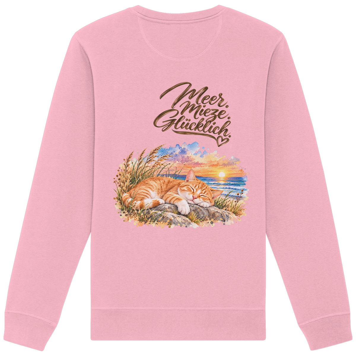 Unisex Bio-Sweatshirt in Cotton Pink mit „Meer. Mieze. Glücklich.“ als Backprint – Rückansicht im Original-Mockup.