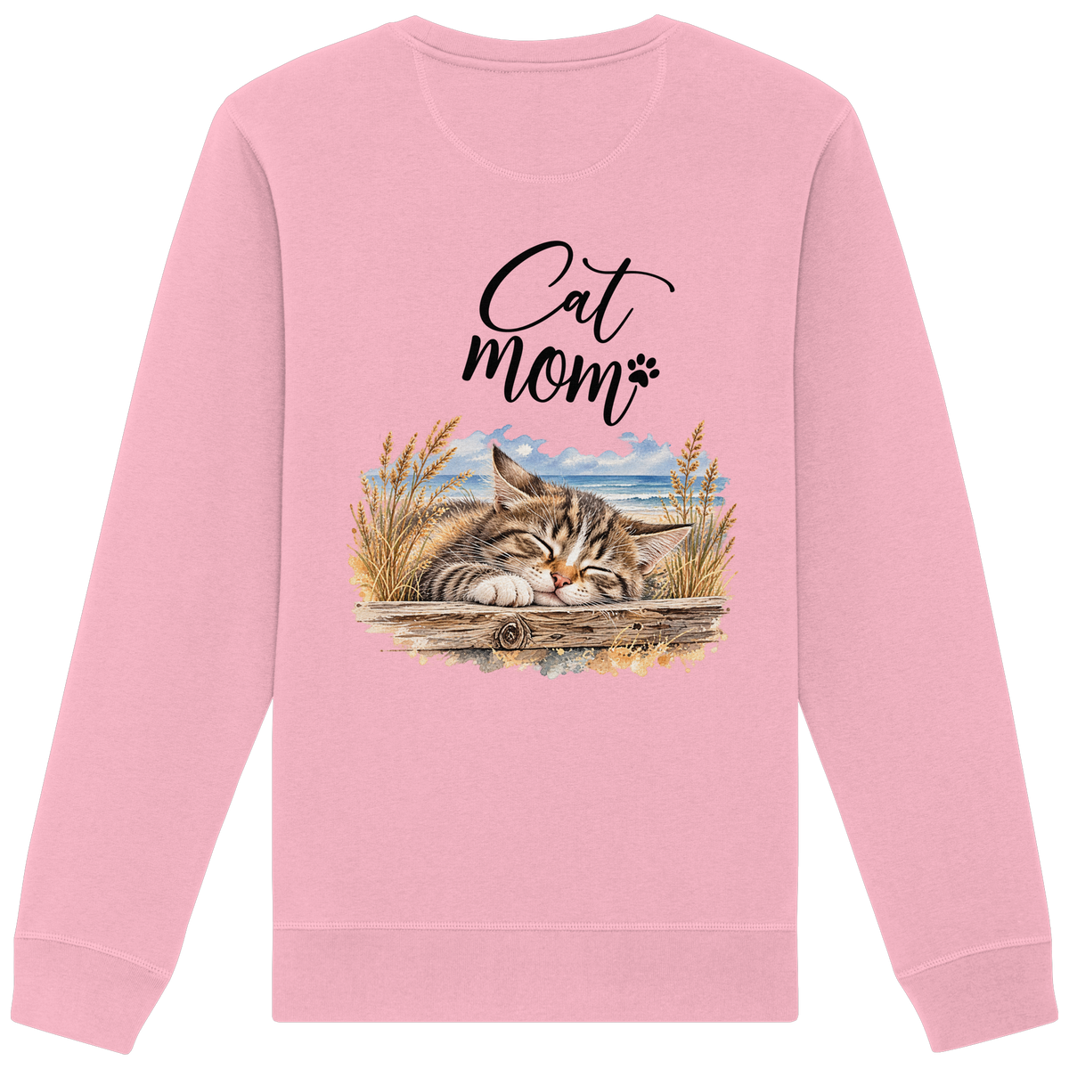 Cat Mom Unisex Bio-Sweatshirt in Cotton Pink – Original-Rückansicht mit schlafender Katze, Meer und Cat-Mom-Schriftzug als Rückenprint.
