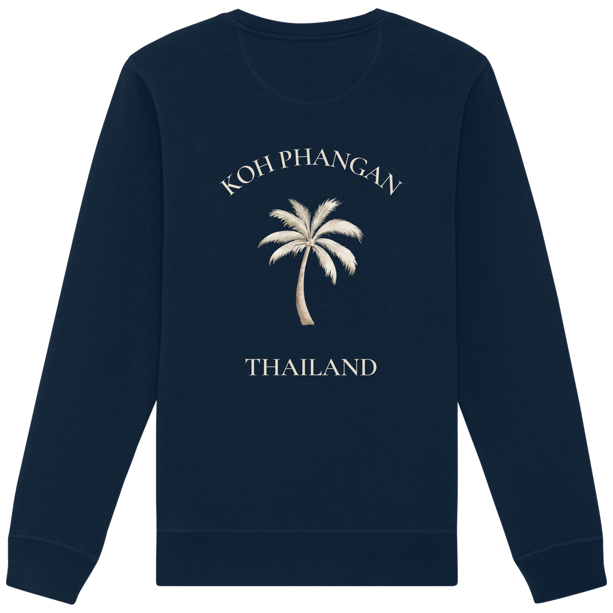 Bio Unisex Sweatshirt in french navy mit Koh Phangan Mini Palm Motiv als Backprint – Original-Mockup