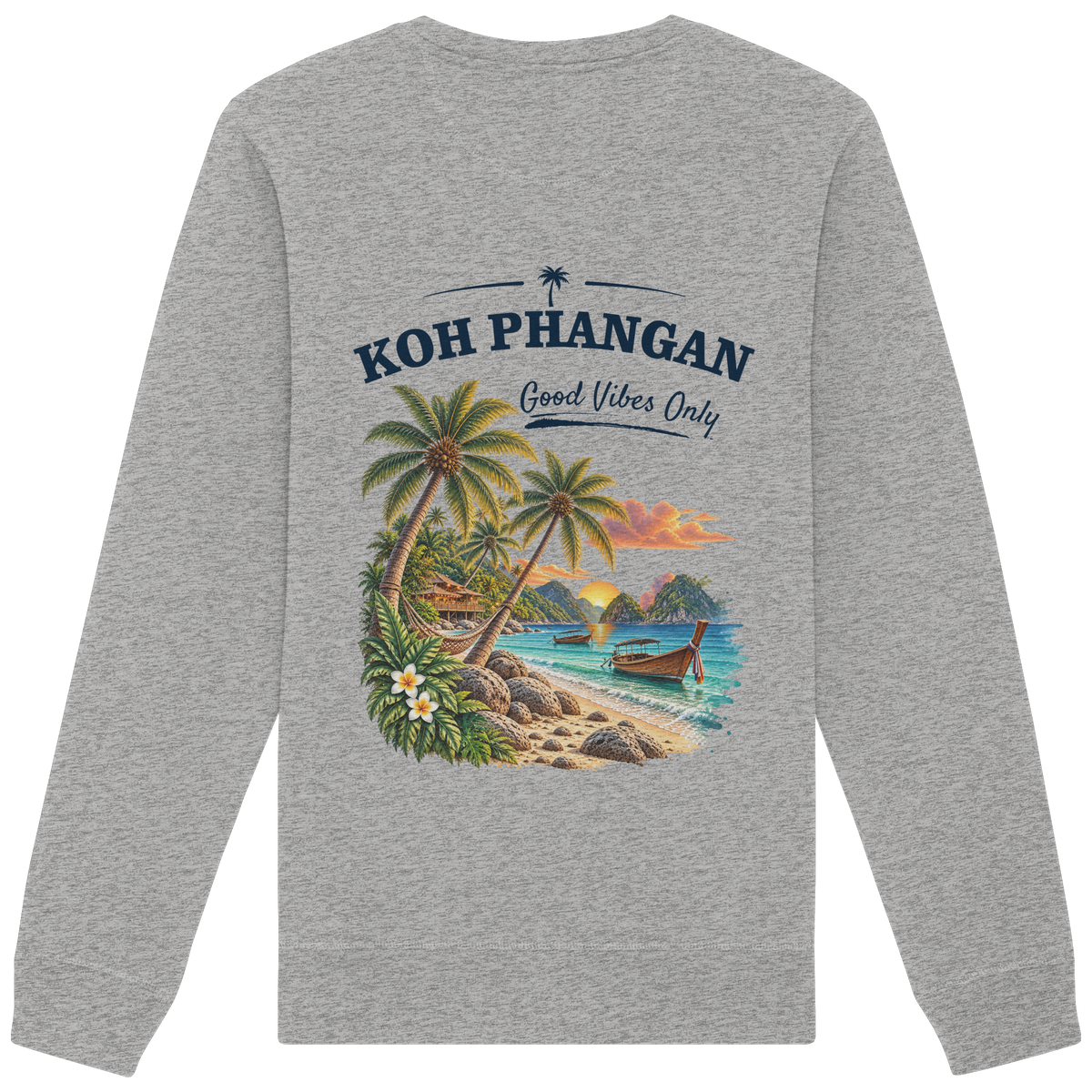 Bio Unisex Sweatshirt – Backprint in heather grey als Original-Mockup mit Koh Phangan Good Vibes Only Backprint