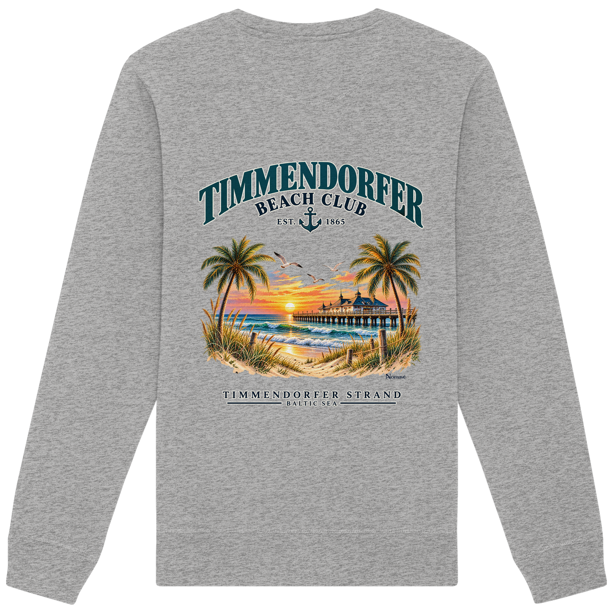 Original-Produktmockup: Unisex-Bio-Sweatshirt in Heather Grey, Rückansicht mit Timmendorfer-Beach-Club-Motiv und dem Schriftzug Timmendorfer Strand – Baltic Sea.