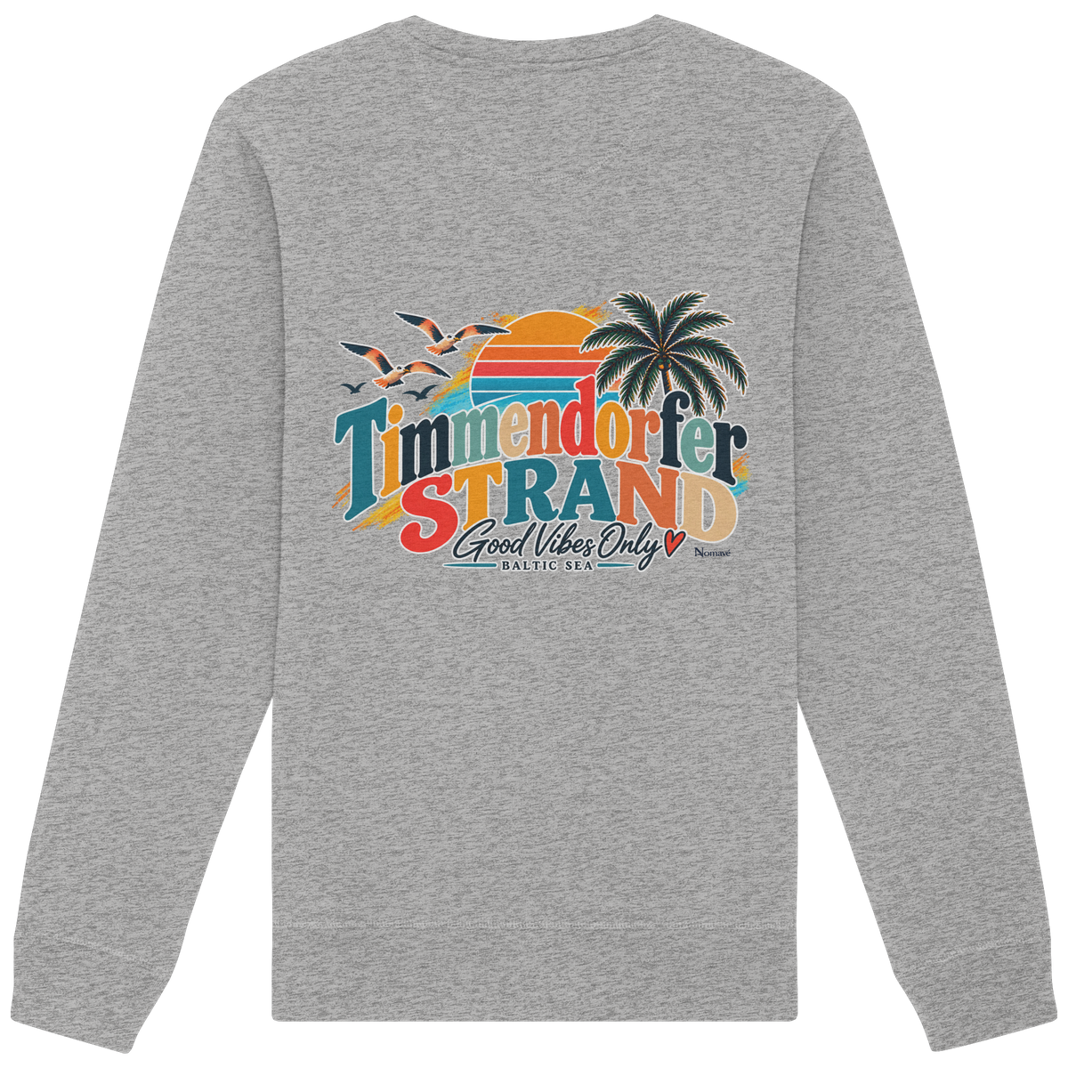 Timmendorfer Strand – Good Vibes Only – Unisex Sweatshirt mit Rückenprint – Heather Grey; originales Katalogmockup der Rückansicht mit Rückenprint.