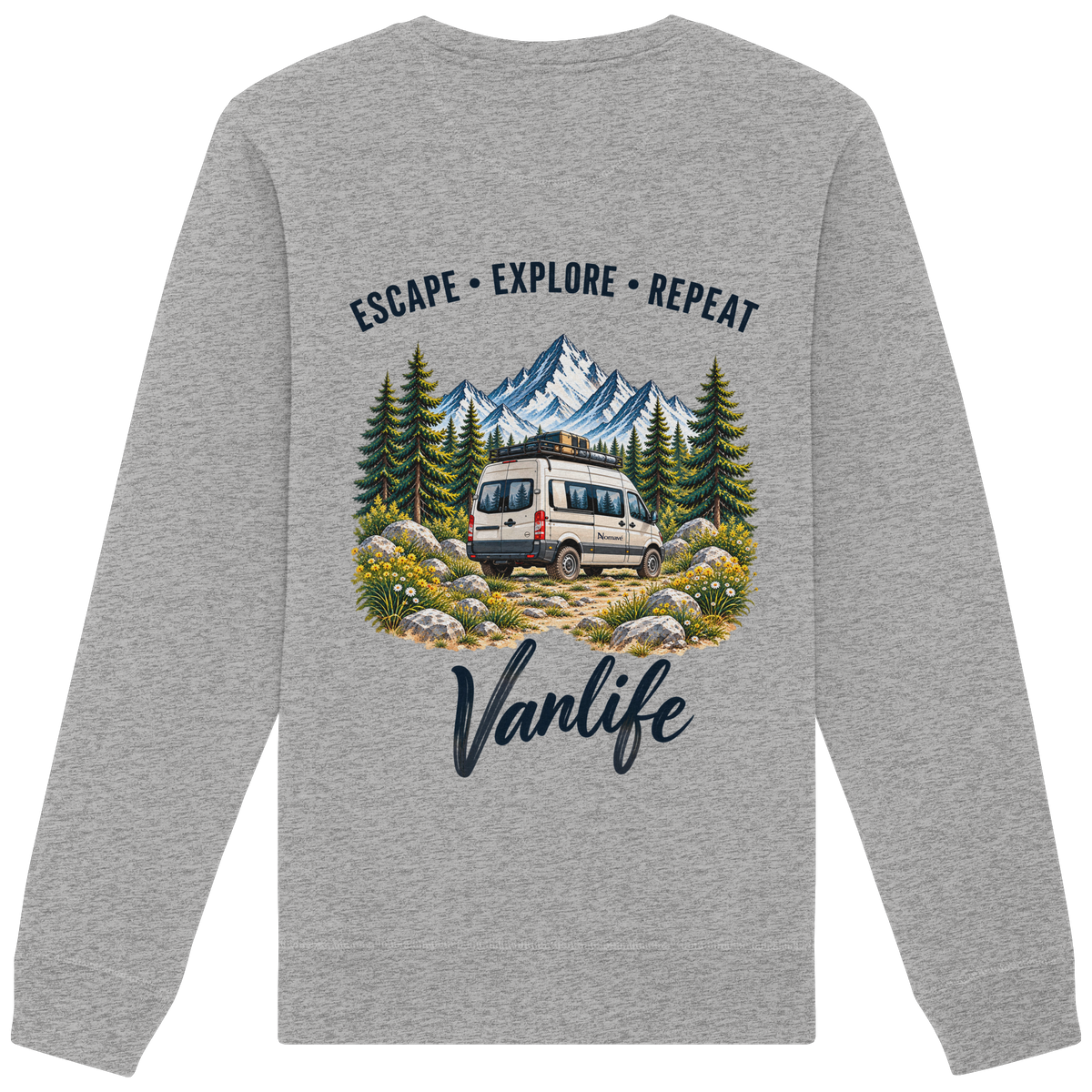 Bio Unisex Sweatshirt in Heather Grey als Produkt-Mockup mit Escape Explore Repeat Motiv als Backprint