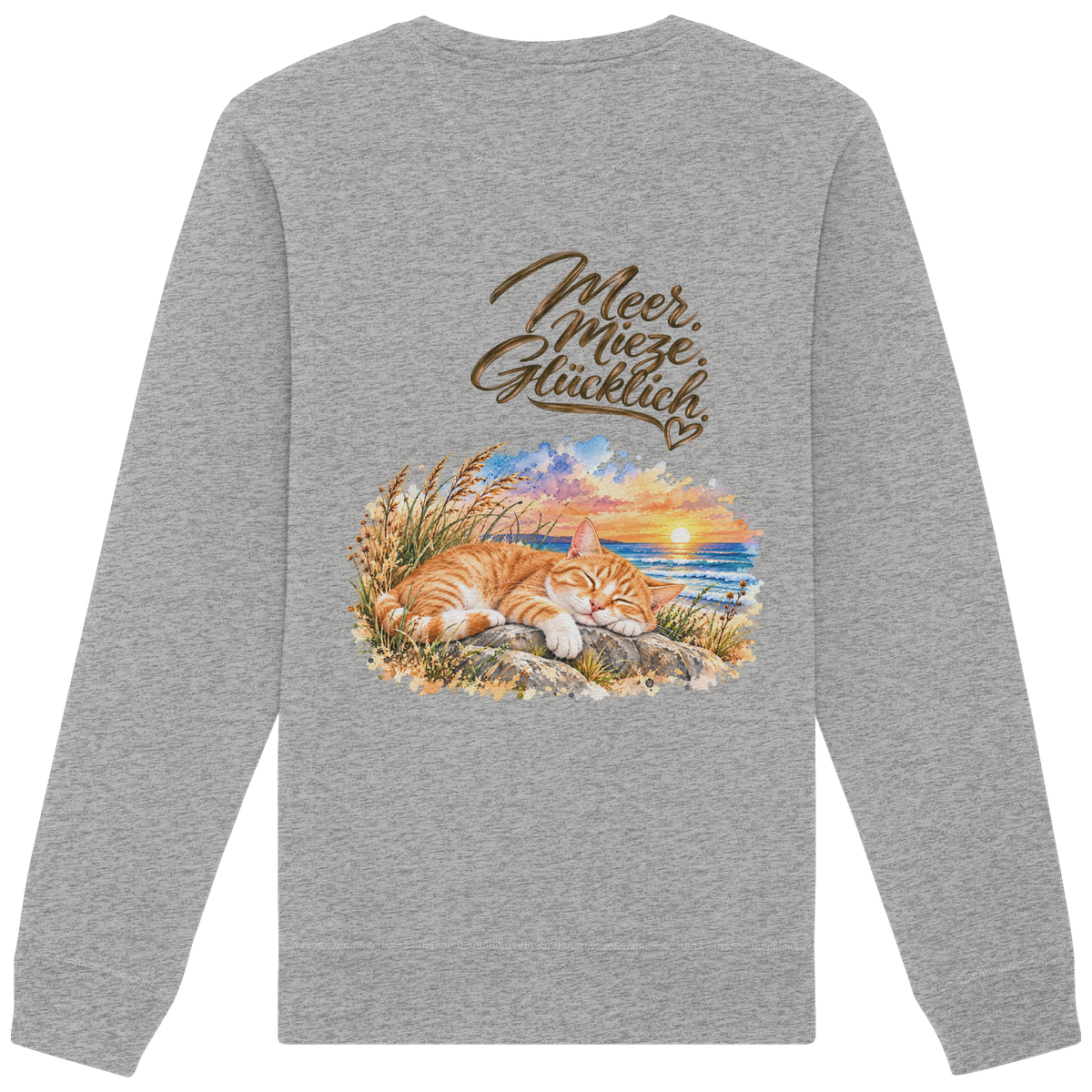 Unisex Bio-Sweatshirt in Heather Grey mit „Meer. Mieze. Glücklich.“ als Backprint – Rückansicht im Original-Mockup.