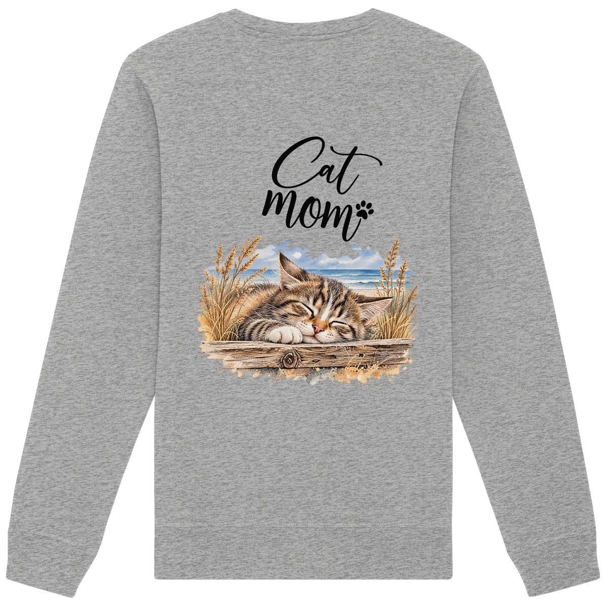Cat Mom Unisex Bio-Sweatshirt in Heather Grey – Original-Rückansicht mit schlafender Katze, Meer und Cat-Mom-Schriftzug als Rückenprint.