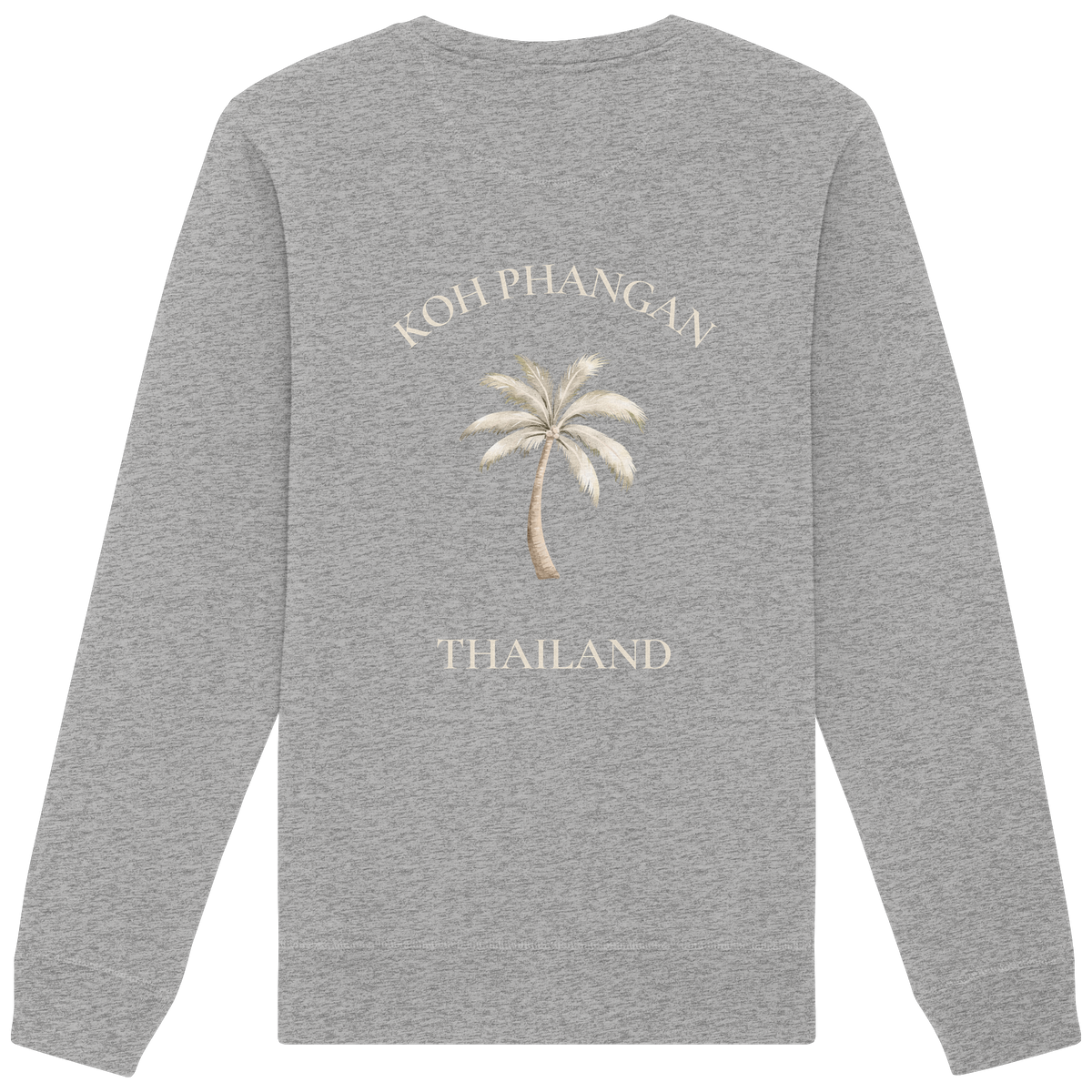 Bio Unisex Sweatshirt in heather grey mit Koh Phangan Mini Palm Motiv als Backprint – Original-Mockup
