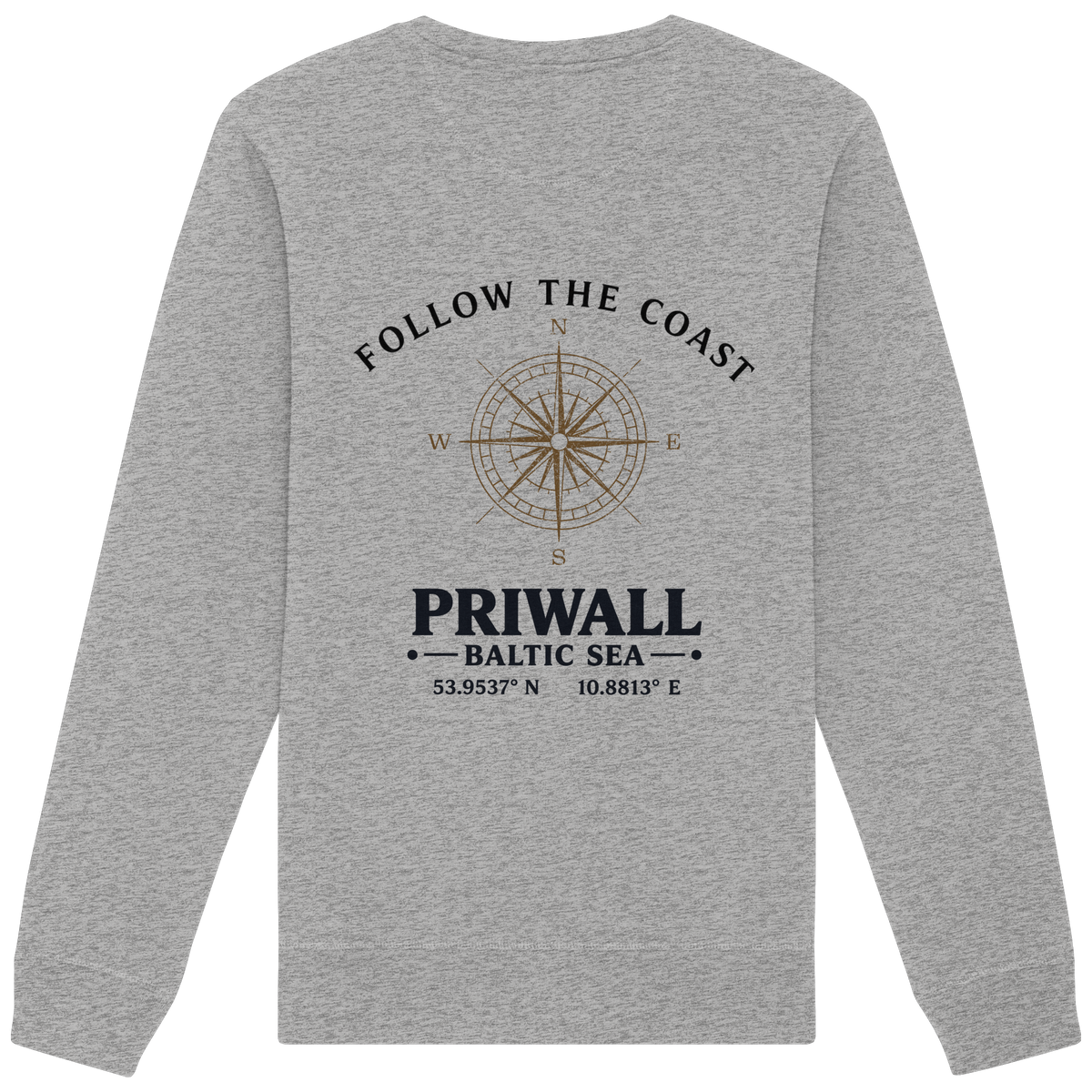 Rückansicht des Bio Unisex Sweatshirt in Heather Grey mit hellem Priwall Follow the Coast Backprint