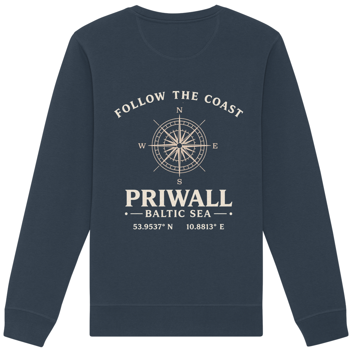 Rückansicht des Bio Unisex Sweatshirt in India Ink Grey mit dunklem Priwall Follow the Coast Backprint