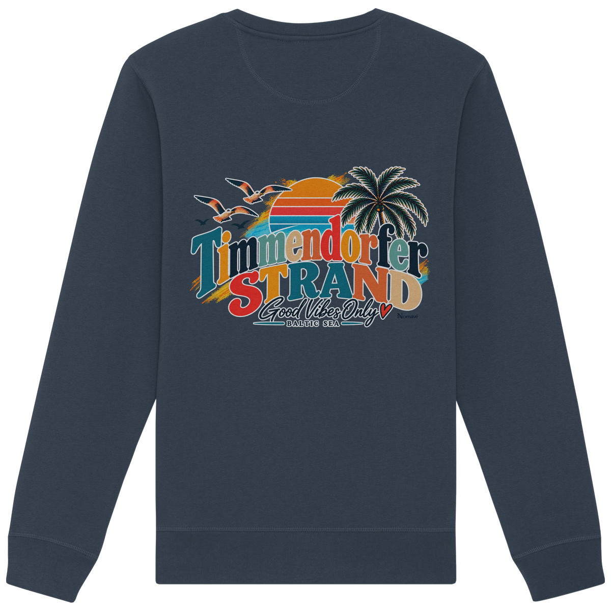 Timmendorfer Strand – Good Vibes Only – Unisex Sweatshirt mit Rückenprint – India Ink Grey; originales Katalogmockup der Rückansicht mit Rückenprint.