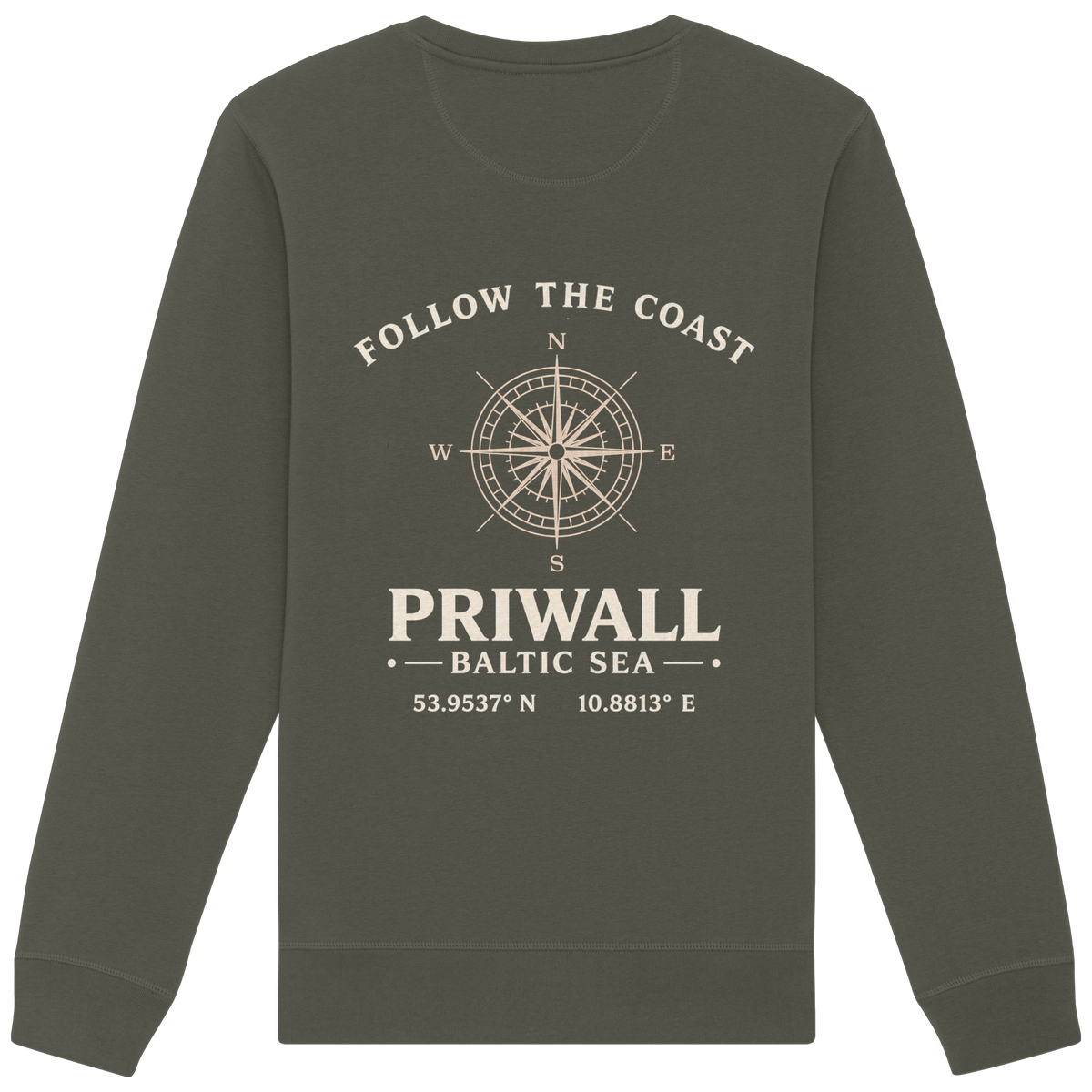 Rückansicht des Bio Unisex Sweatshirt in Khaki mit dunklem Priwall Follow the Coast Backprint