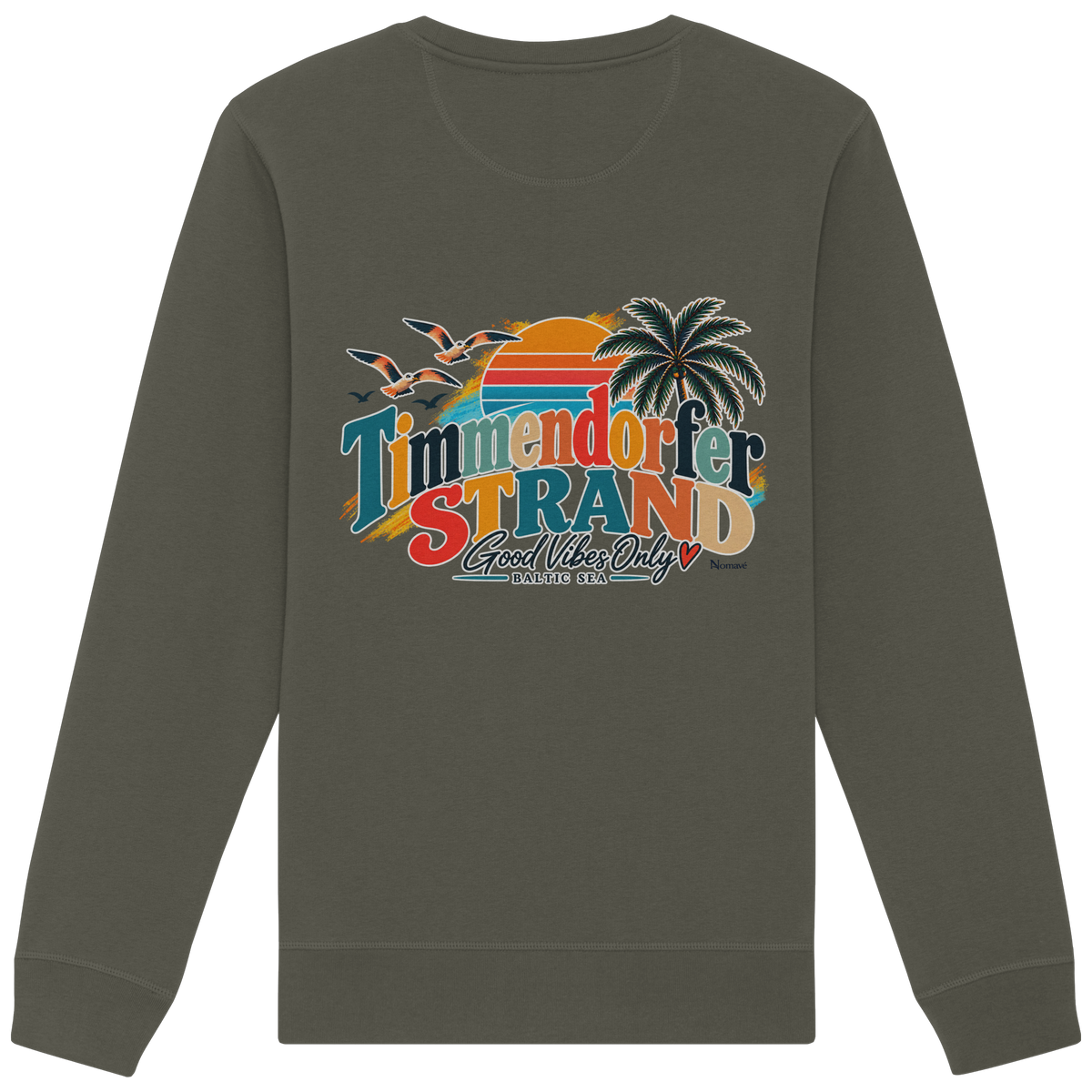 Timmendorfer Strand – Good Vibes Only – Unisex Sweatshirt mit Rückenprint – Khaki; originales Katalogmockup der Rückansicht mit Rückenprint.
