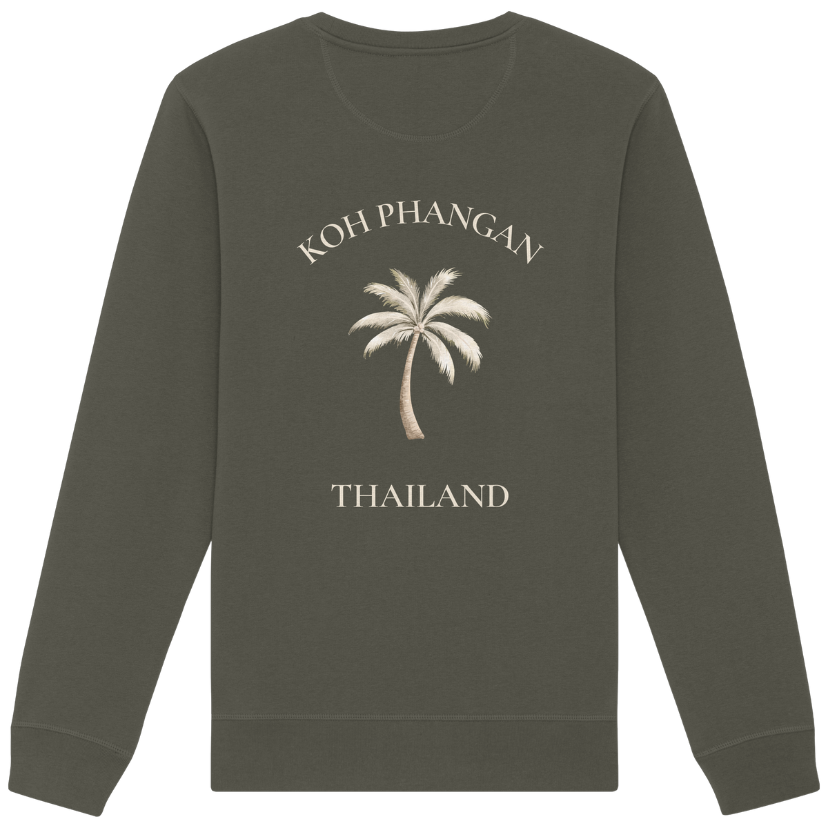 Bio Unisex Sweatshirt in khaki mit Koh Phangan Mini Palm Motiv als Backprint – Original-Mockup