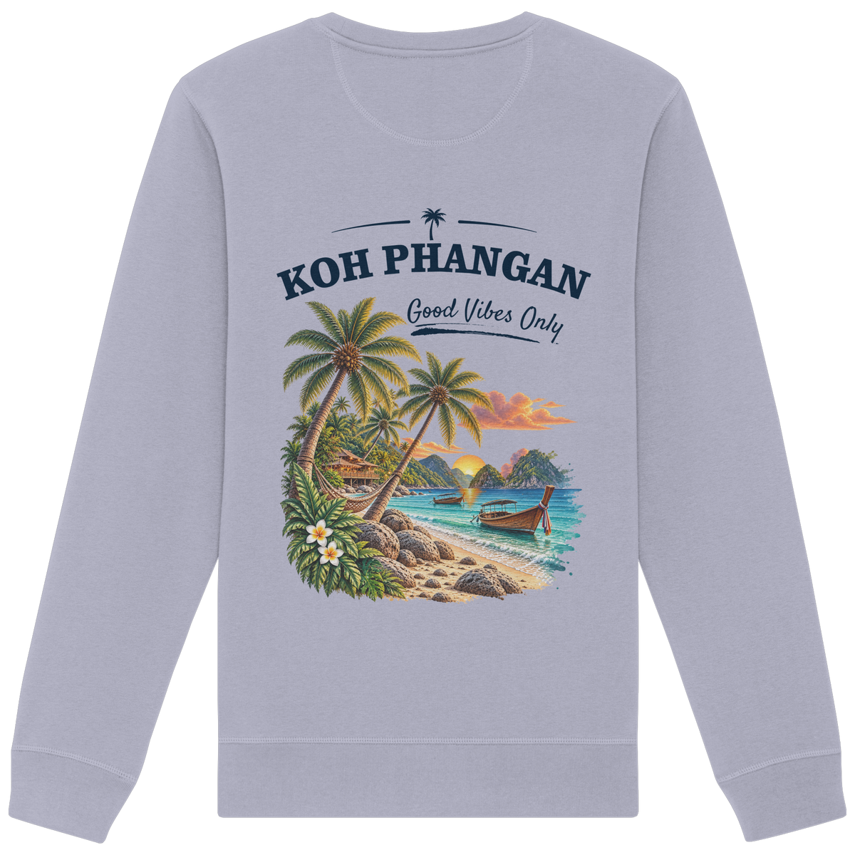 Bio Unisex Sweatshirt – Backprint in der gezeigten Farbe als Original-Mockup mit Koh Phangan Good Vibes Only Backprint