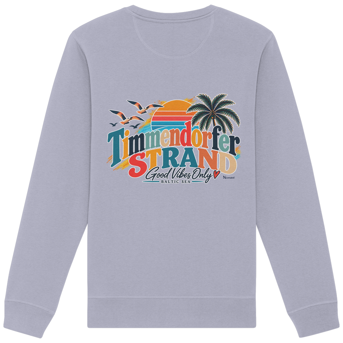Timmendorfer Strand – Good Vibes Only – Unisex Sweatshirt mit Rückenprint – Serene Blue; originales Katalogmockup der Rückansicht mit Rückenprint.