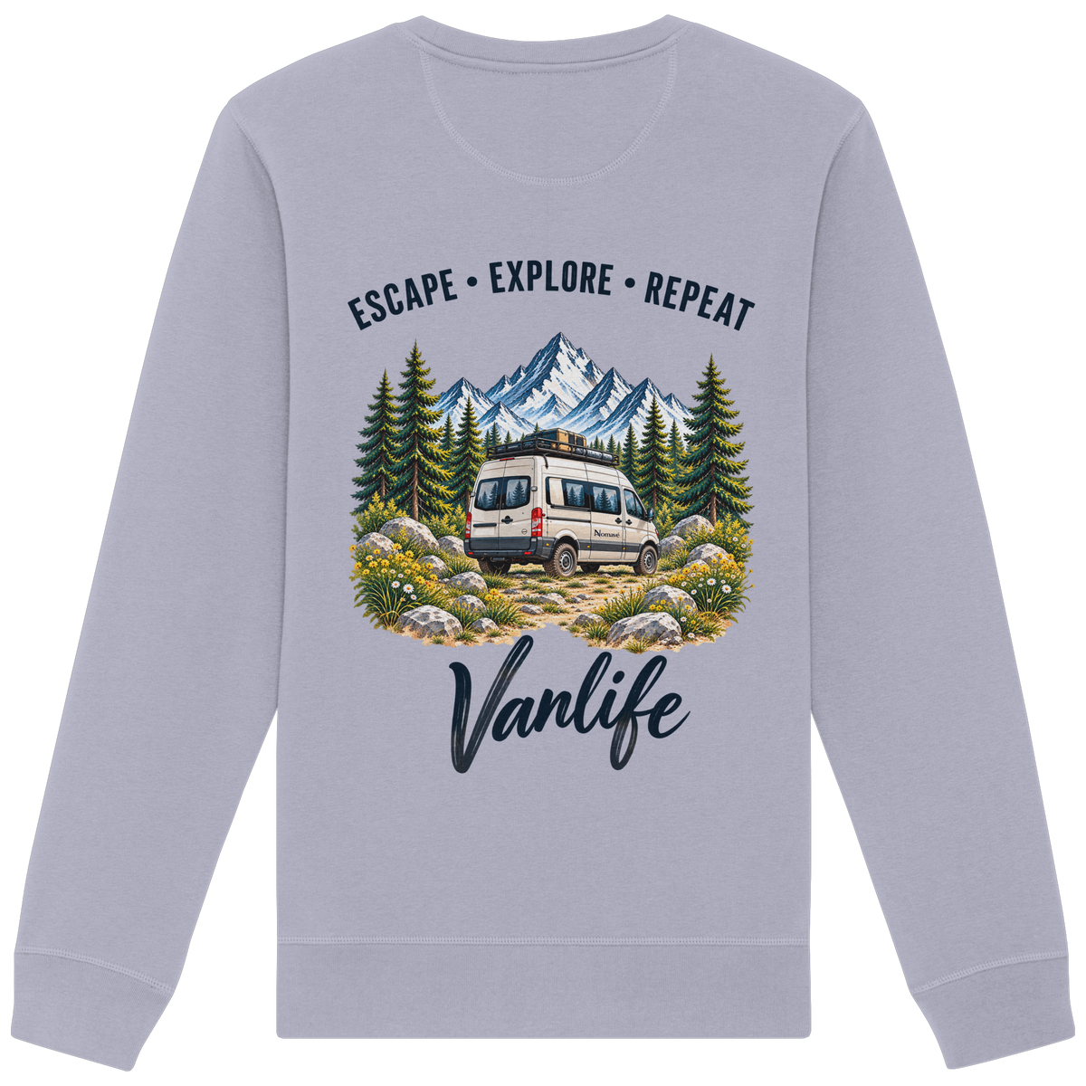 Bio Unisex Sweatshirt in Serene Blue als Produkt-Mockup mit Escape Explore Repeat Motiv als Backprint
